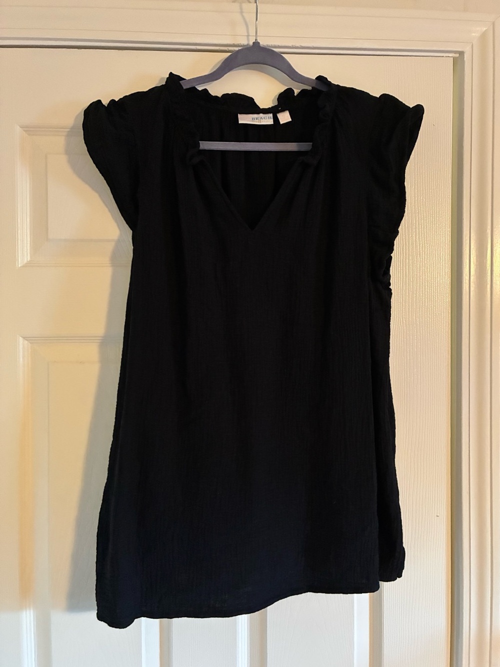 Belle Beach by Kim Gravel Black Ruffle Sleeve V-Neck Top